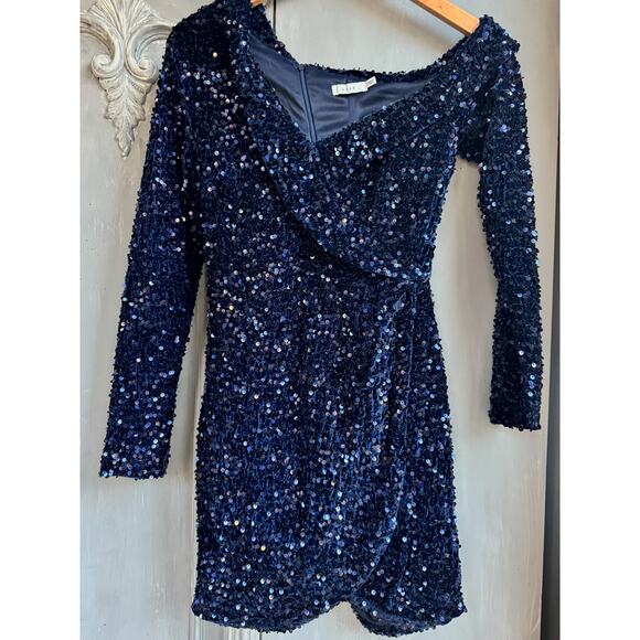 LUSH Blue Sequin One-Shoulder Bodycon Cocktail Dress Sparkly Party Mini Sz S - Picture 2 of 14